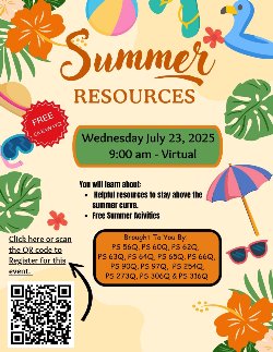 colorful background with date and time for the summer resources flyer